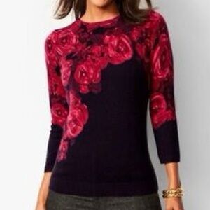 Talbots Audrey Cashmere Sweater Black and Red Rose Women’s Size LP